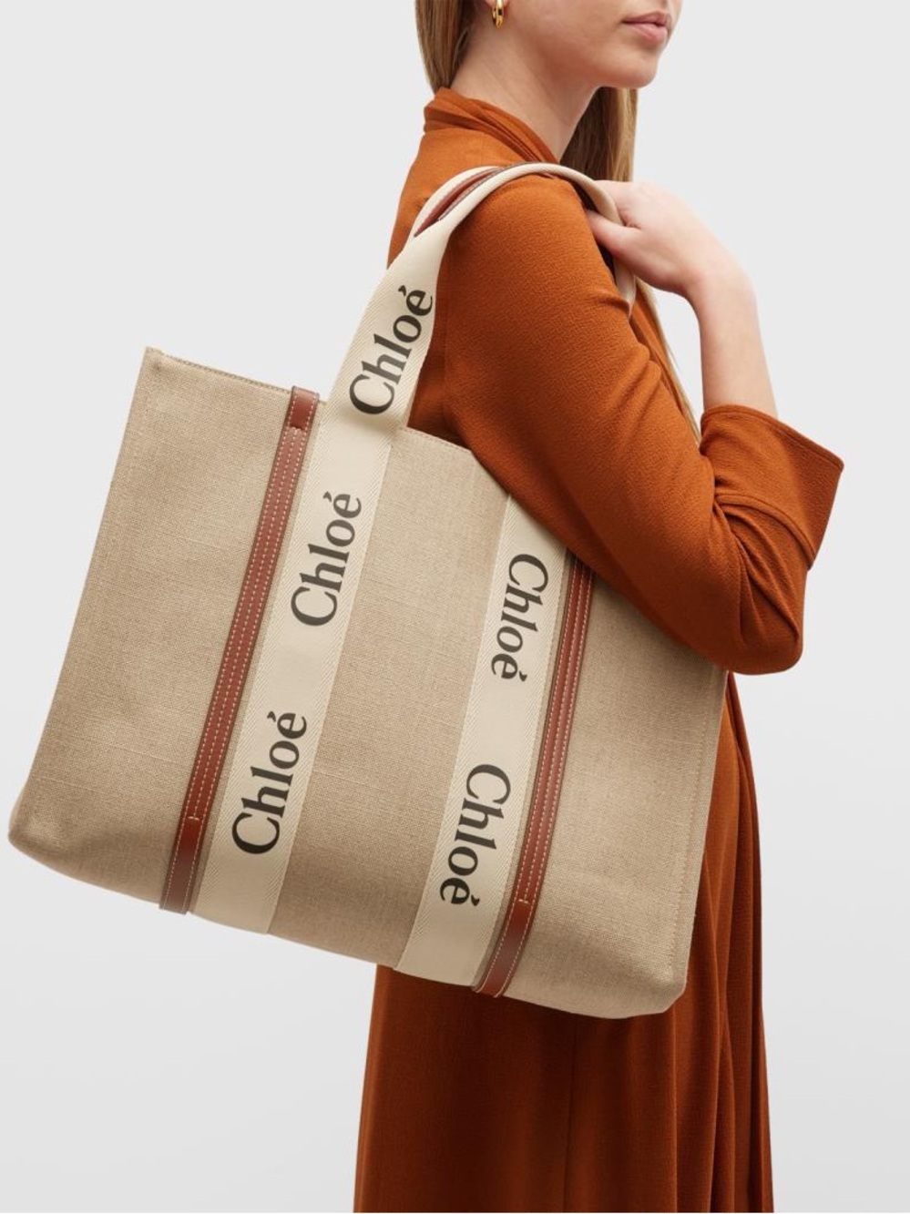 Chloe Woody Tote Bag Linen Calf Leather Large Shoulder Bag Made in Italy